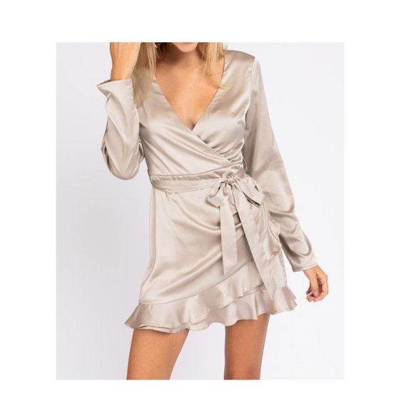 long sleeve satin wrap dress, romper - Picture 6 of 8
